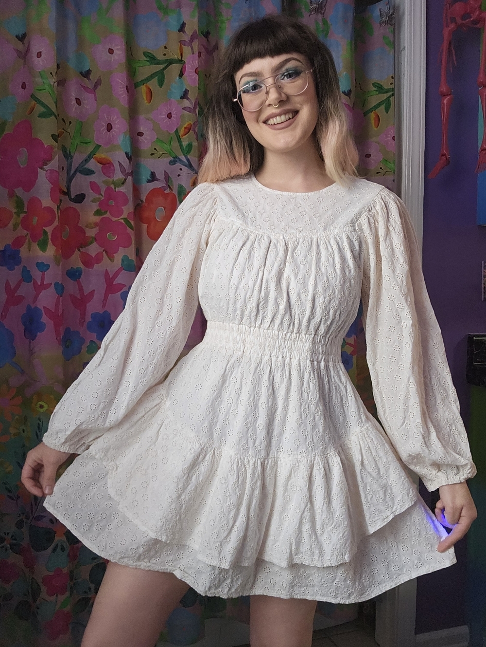 Just Me Romantic Tiered Cottagecore Puffy Long Sleeve Mini Dress M